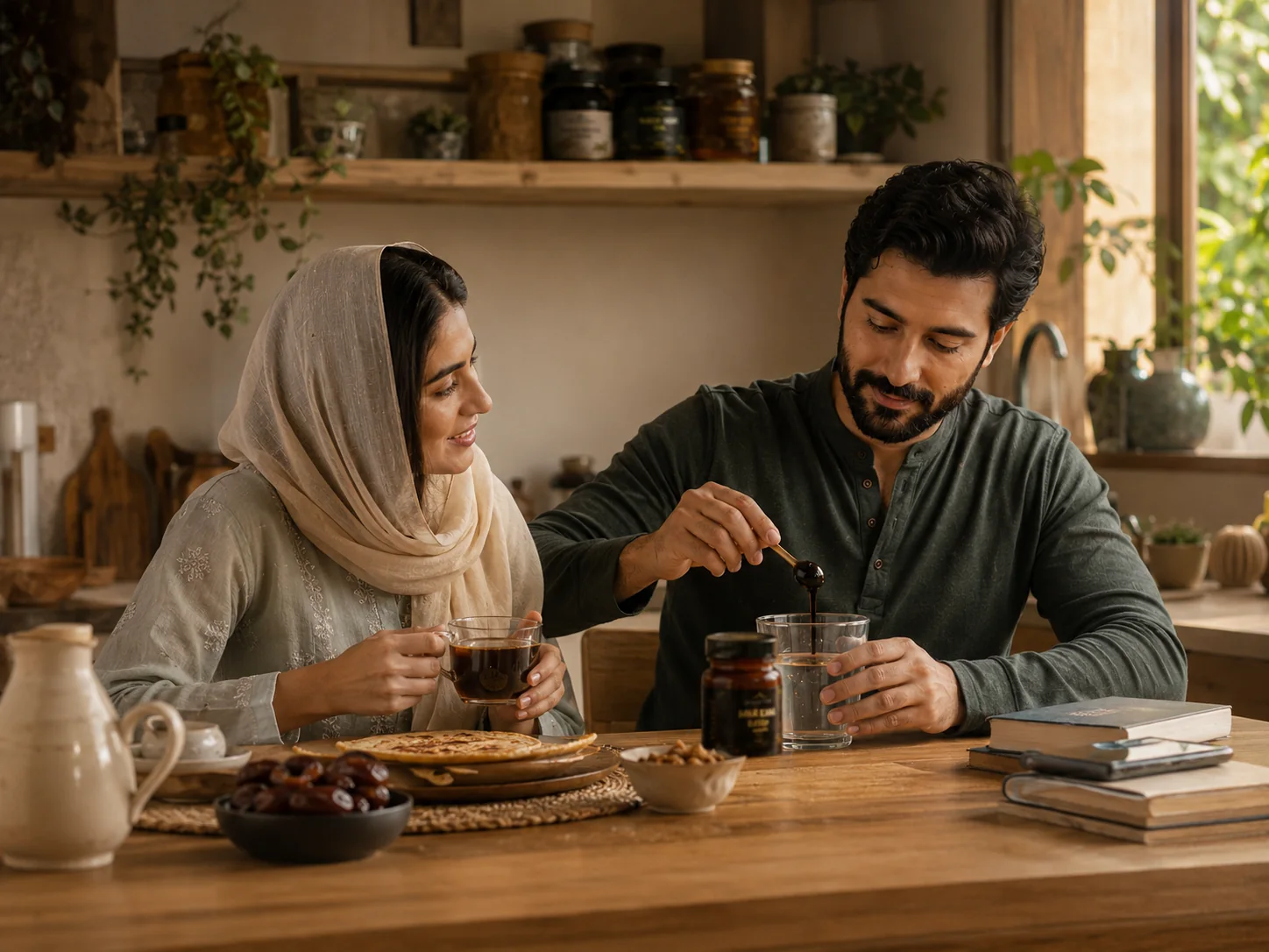 Pakistani couple enjoying a natural wellness routine at home